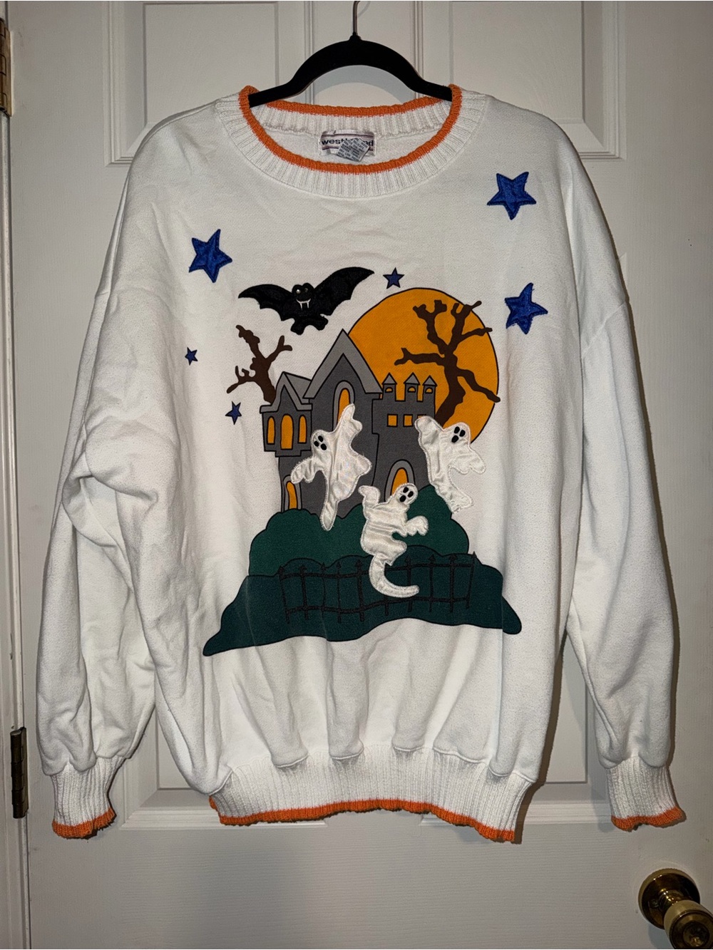 Westbound Vintage White Halloween Sweatshirt - Ghosts, Orange Trim & Blue Stars